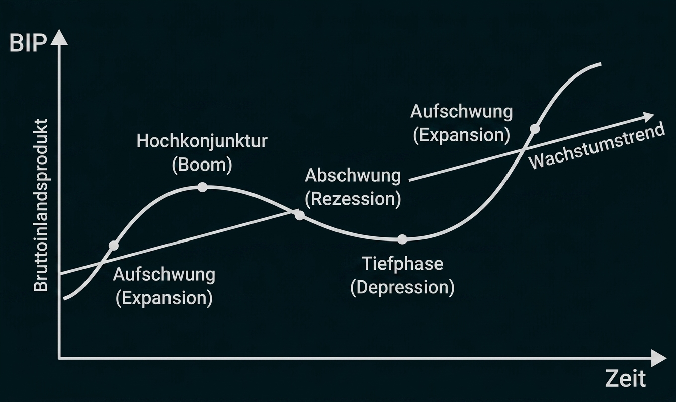 Grafik des Konjunkturzyklus: BIP über Zeit mit Aufschwung, Hochkonjunktur, Abschwung, Tiefphase und Wachstumstrend